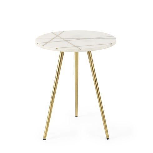 Vivienne   White Marble with Antique Gold Metal Round Small Side Table