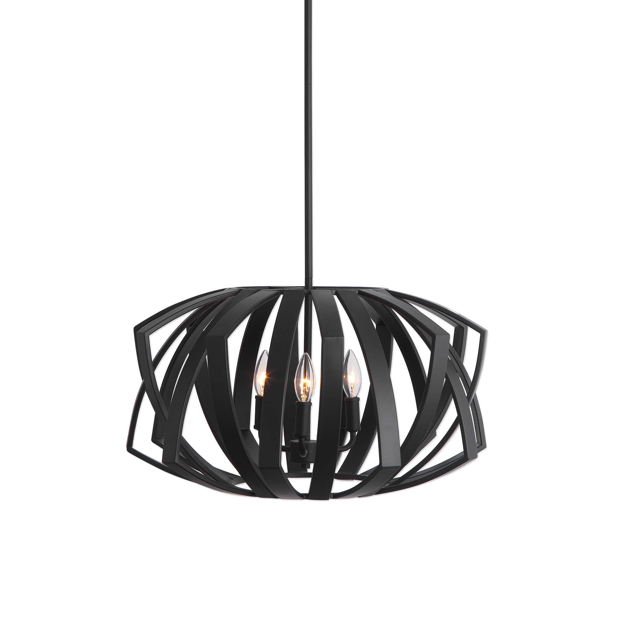Thales Black Geometric 3 Light Pendant, Ceiling Light by Uttermost, 22" width x 13" height x 22" depth View 1