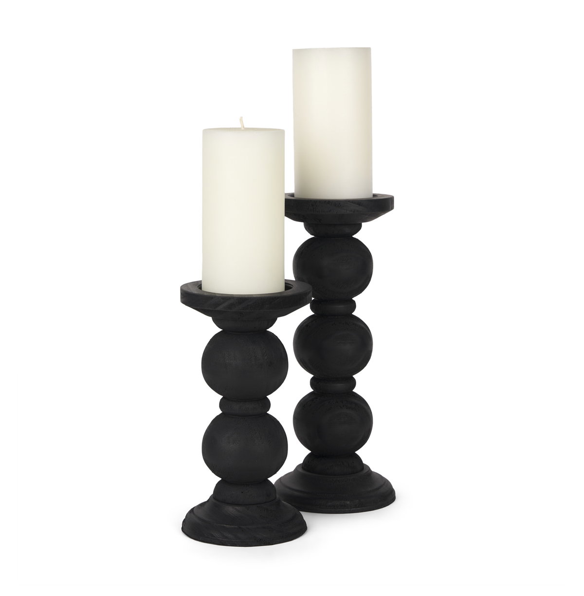 Wanda Matte Black Wood Pillar Candle Holders (Set of 2), Candles & Candle Holder by Mercana, 4.75" length x 4.75" width x 11.5" height View 1