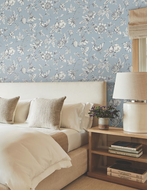 Passion Flower Toile Sky Blue Wallpaper