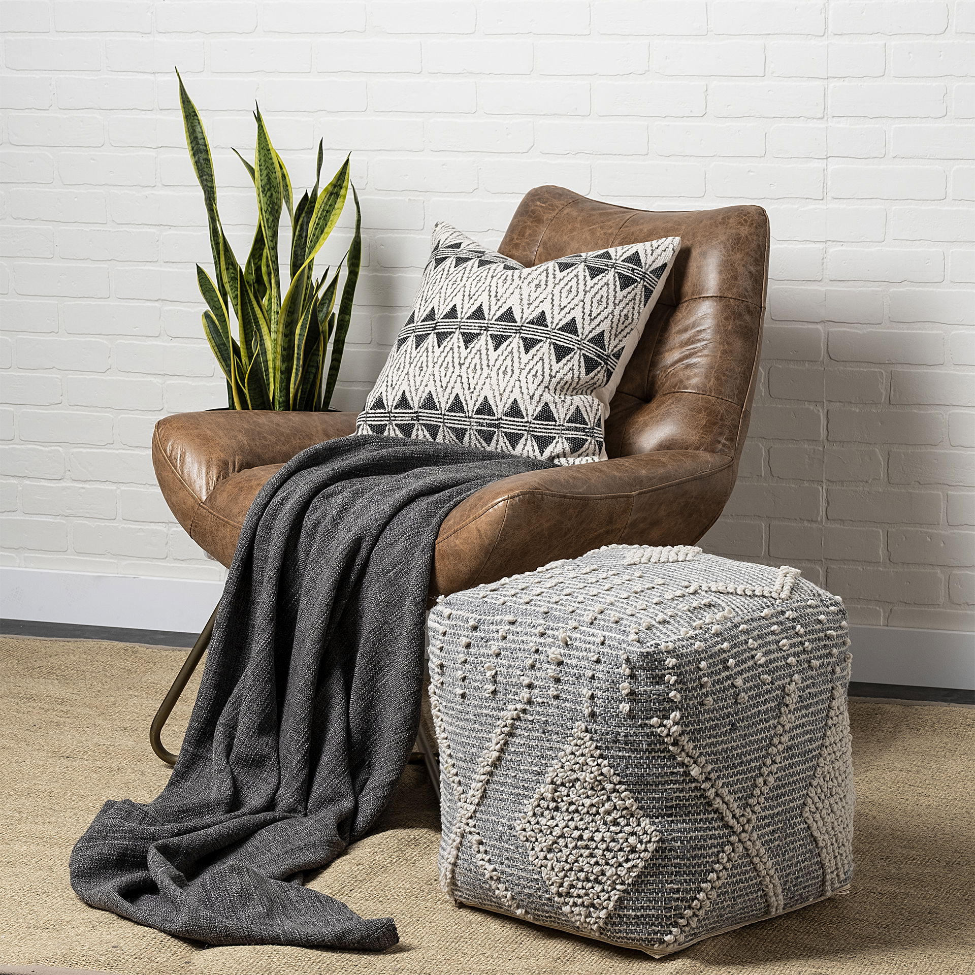 Brinket Gray/Cream Polyester Handwoven Square Pouf, Ottoman by Mercana, 17.72" length x 17.72" width x 17.72" height View 2