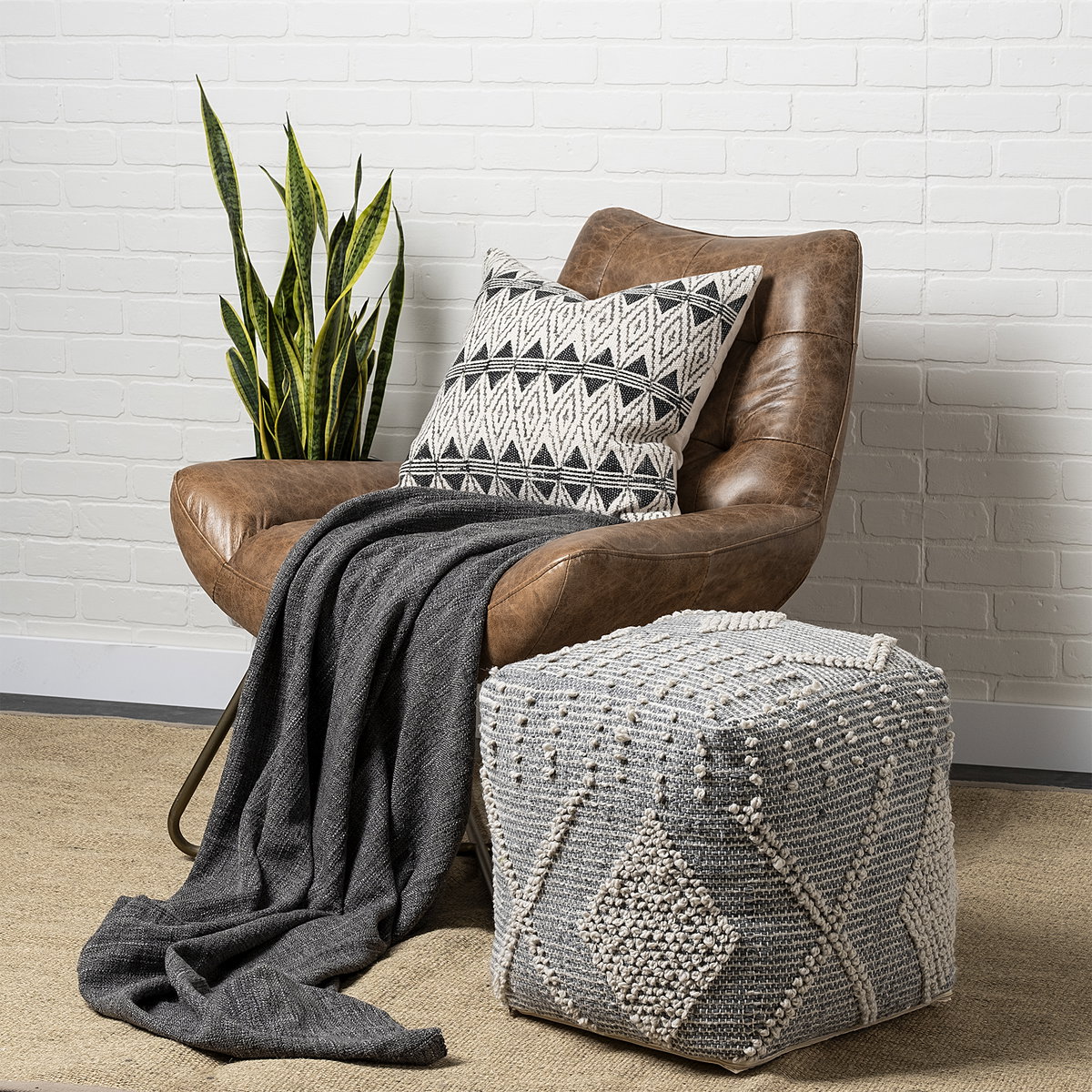 Brinket Gray/Cream Polyester Handwoven Square Pouf, Ottoman by Mercana, 17.72" length x 17.72" width x 17.72" height View 2