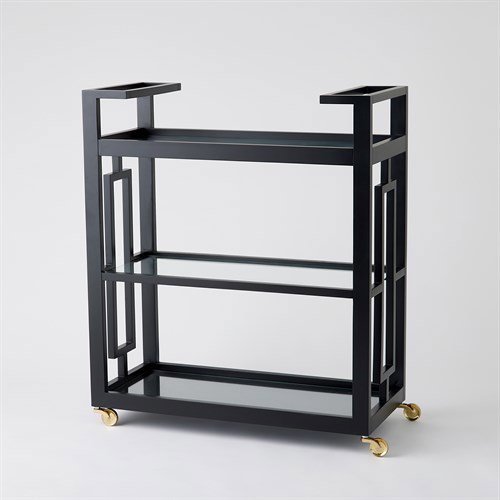 Grid Block Bar CartBlack Lacquer with Shiny Bras, Decor by Global Views, 36" length x 16" width x 42" height View 5