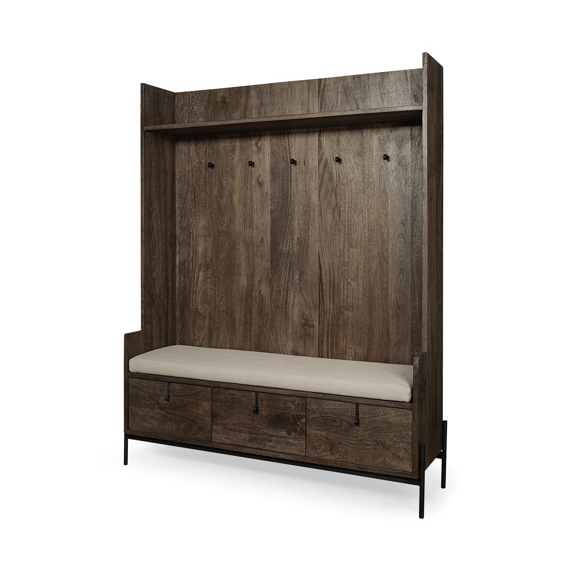 Glenn V 56L x 17W Dark Brown Wood with Cream Fabric Seat, 3 Drawers Hall Tree, Entry & Hallway by Mercana, 55.5" length x 16.5" width x 70" height View 1