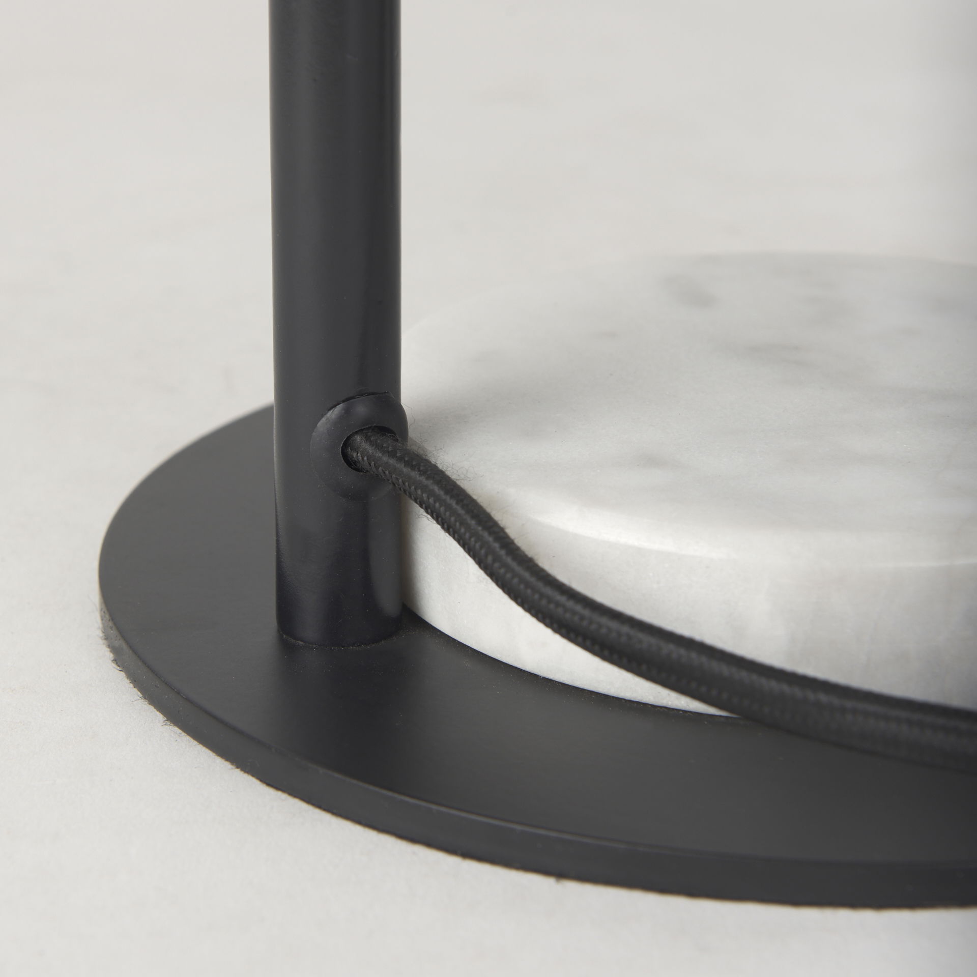 Sarah  Arched Black Metal with Marble Cube and White Shade Table Lamp, by Mercana, 15" length x 10" width x 22.2" height View 12