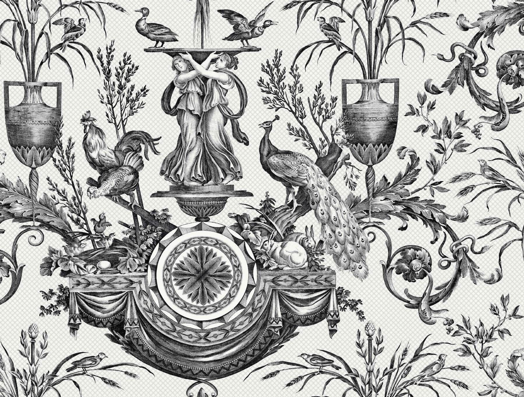 Avian Fountain Toile Black Wallpaper large image 
