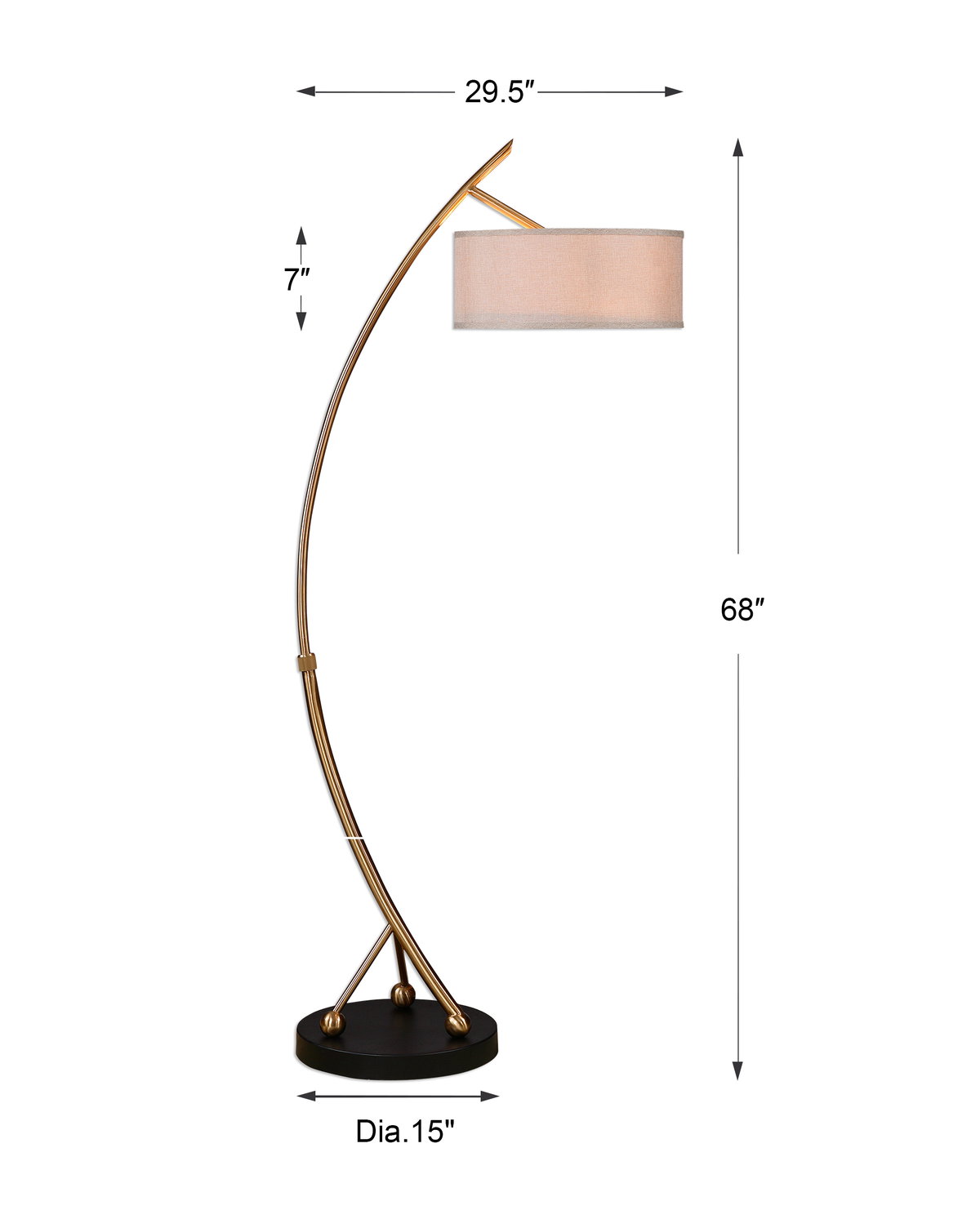 Vardar Curved Brass Floor Lamp, by Uttermost, 29.5" width x 68" height x 17" depth View 3