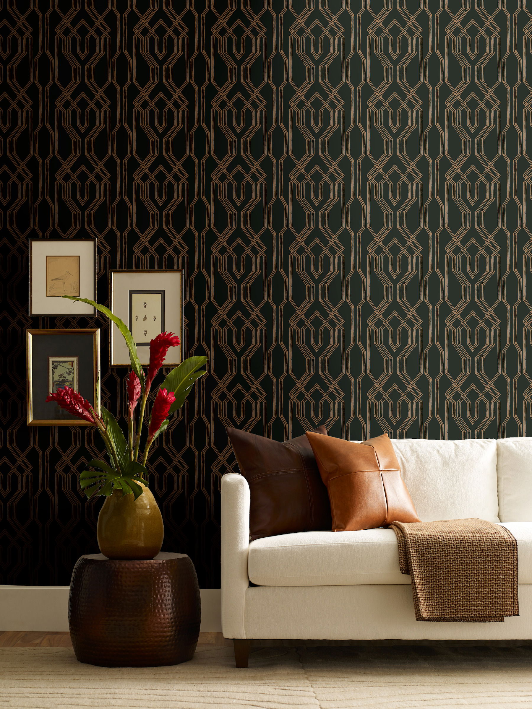 Oriental Lattice Black & Gold Wallpaper large image 