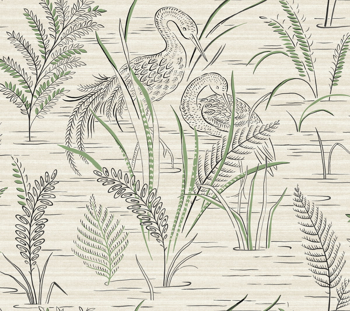 Fernwater Cranes Black & Green Wallpaper, by York Wall, 27' length x 2'3" width x 0.02" depth