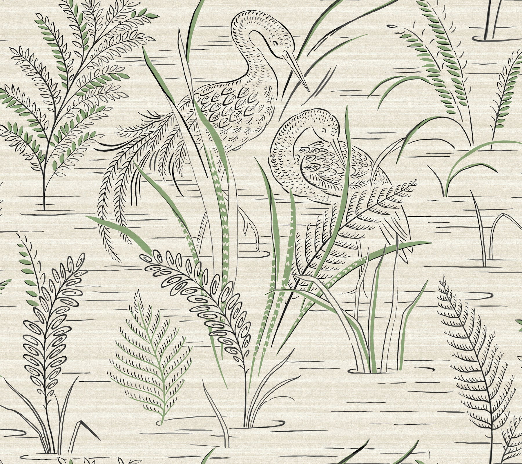 Fernwater Cranes Black & Green Wallpaper large image 