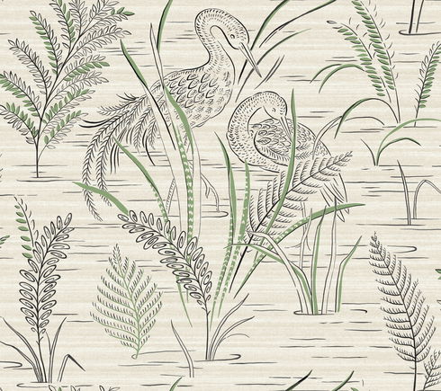 Fernwater Cranes Black & Green Wallpaper