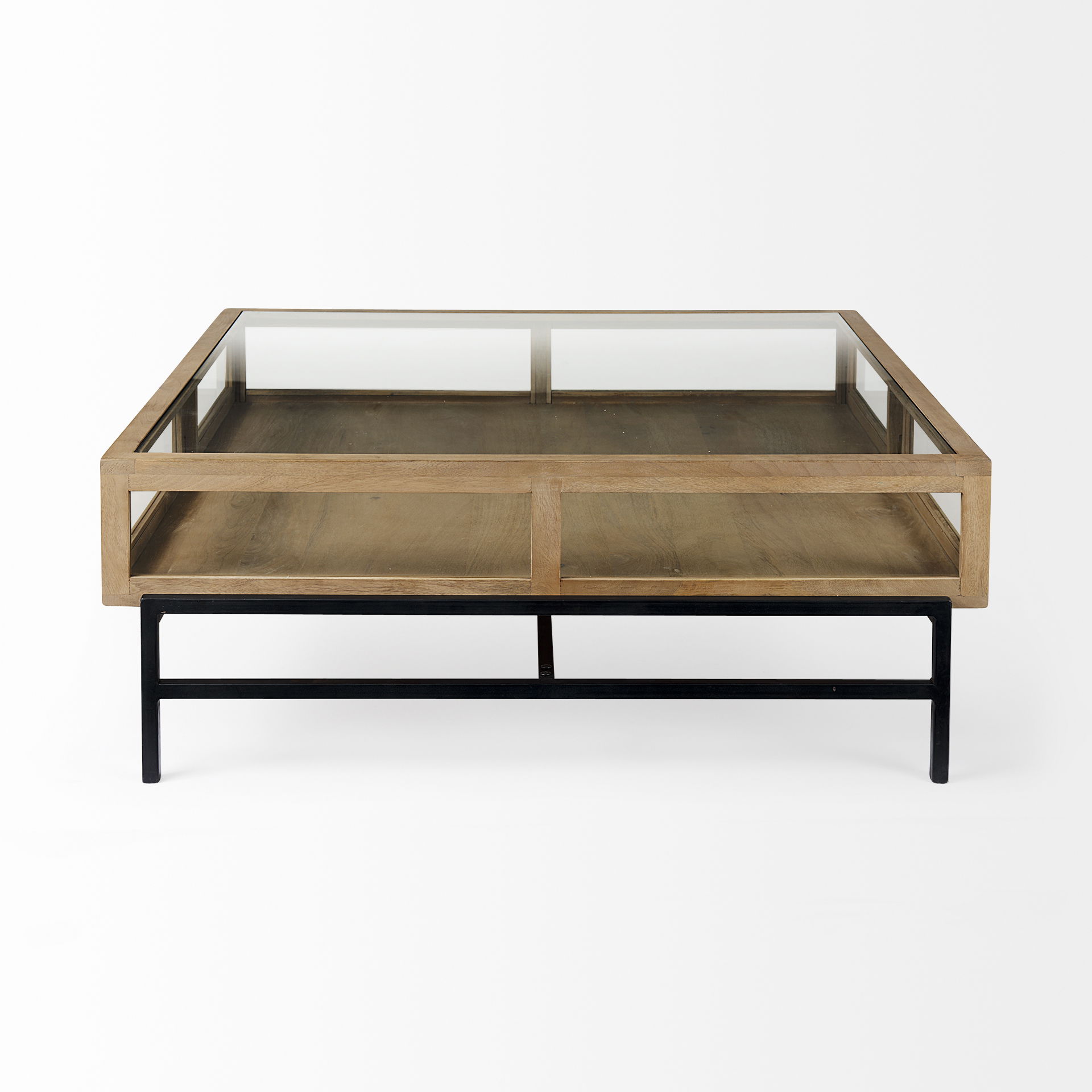 Arelius 42' Square Glass-Top Light Brown with Black Metal Base Display Coffee Table, by Mercana, 43.5" length x 42" width x 15" height View 7