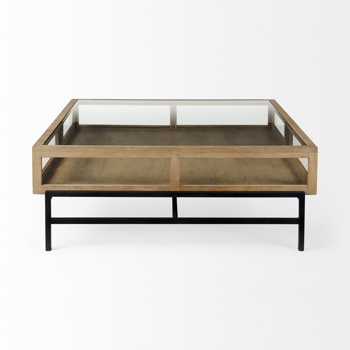 Arelius 42' Square Glass-Top Light Brown with Black Metal Base Display Coffee Table, by Mercana, 43.5" length x 42" width x 15" height View 7