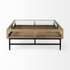 Arelius 42' Square Glass-Top Light Brown with Black Metal Base Display Coffee Table, by Mercana, 43.5" length x 42" width x 15" height thumbnail 7