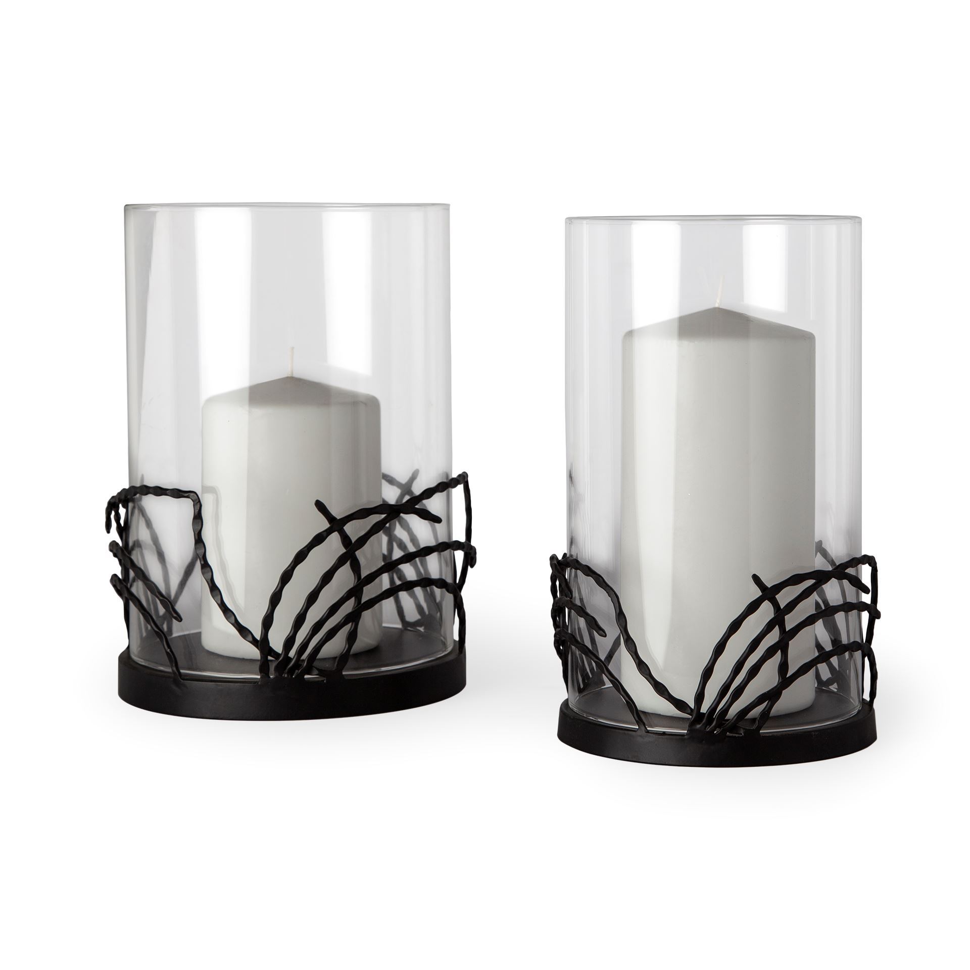 Cutlass I Set of Two Black Metal Base Table Candle Holders, Candles & Candle Holder by Mercana, 7.75" length x 7.75" width x 10.75" height View 1