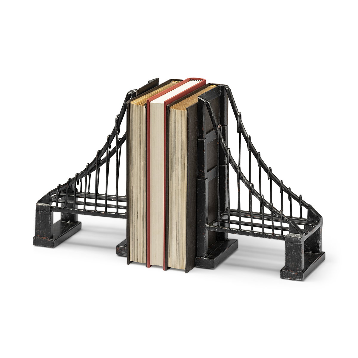 Suspension Set of 2 19L x 4W Brown Wrought Iron Suspension Bridge Bookends, by Mercana, 19" length x 3.94" width x 10.04" height View 1