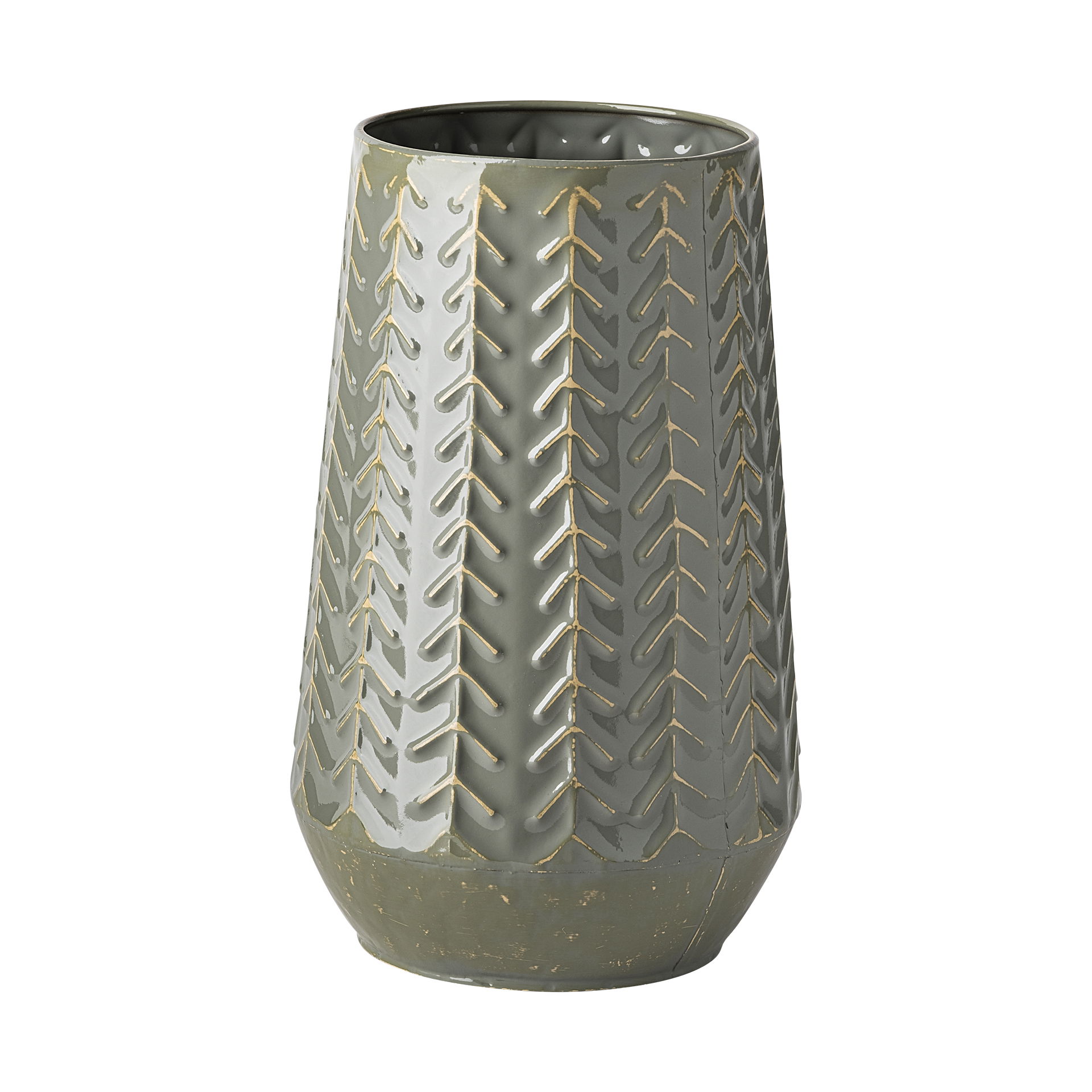 Gemma III Metal Glossy Green/Gray Chevron Vase, by Mercana, 7.09" length x 7.09" width x 11.42" height View 1
