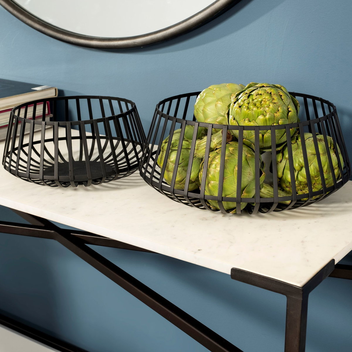 Emilio Set of 2 Black Metal Slated Bowls, Decorative Bowl by Mercana, 13.19" length x 13.19" width x 5.51" height View 3