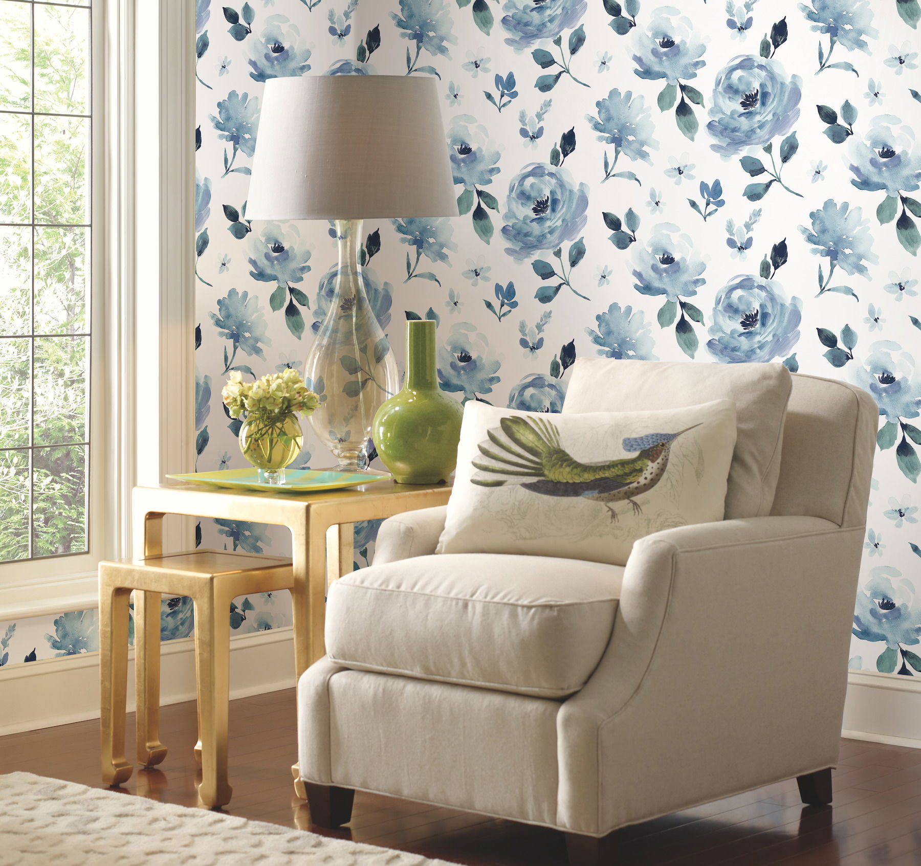 Watercolor Blooms Blue Peel & Stick Wallpaper, by York Wall, 20' length x 2'3" width x 0.02" depth View 2