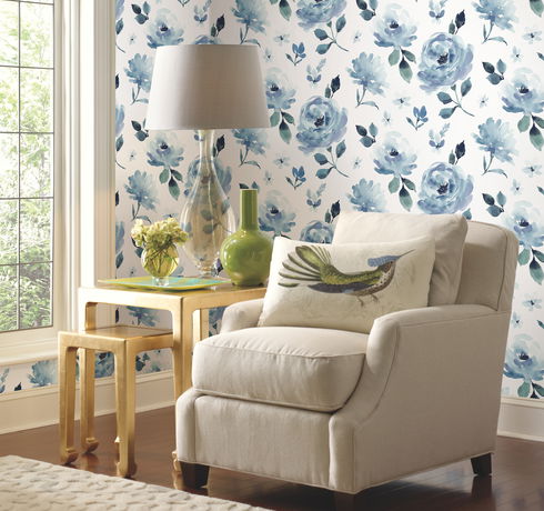 Watercolor Blooms Blue Peel & Stick Wallpaper