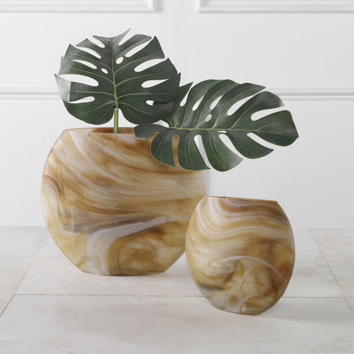 Fusion Swirled Caramel & Ivory Vases Set/2, Decorative by Uttermost, 9.75" width x 8.5" height x 4.25" depth View 2