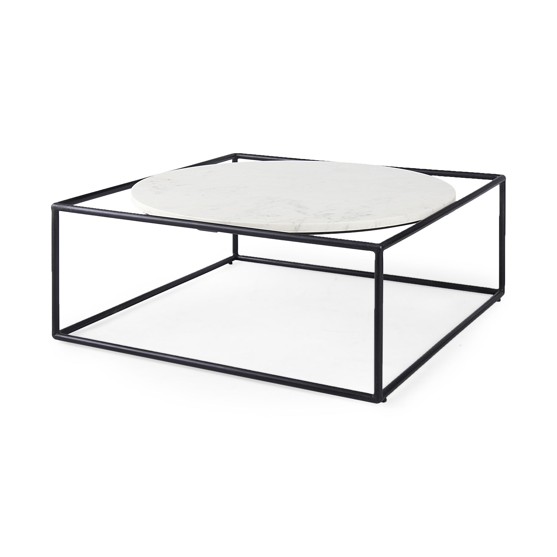Austen 36L x 36W x 14.5H Round White Marble Top with Black Metal Frame Coffee Table, by Mercana, 36" length x 36" width x 14" height View 1
