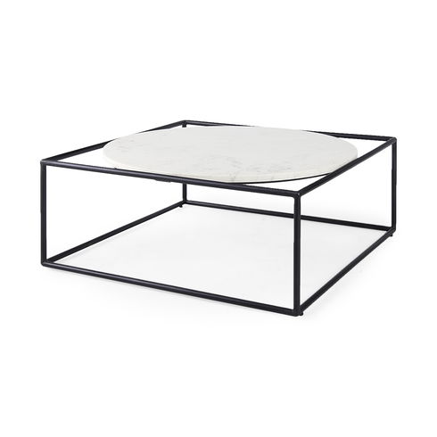 Austen 36L x 36W x 14.5H Round White Marble Top with Black Metal Frame Coffee Table