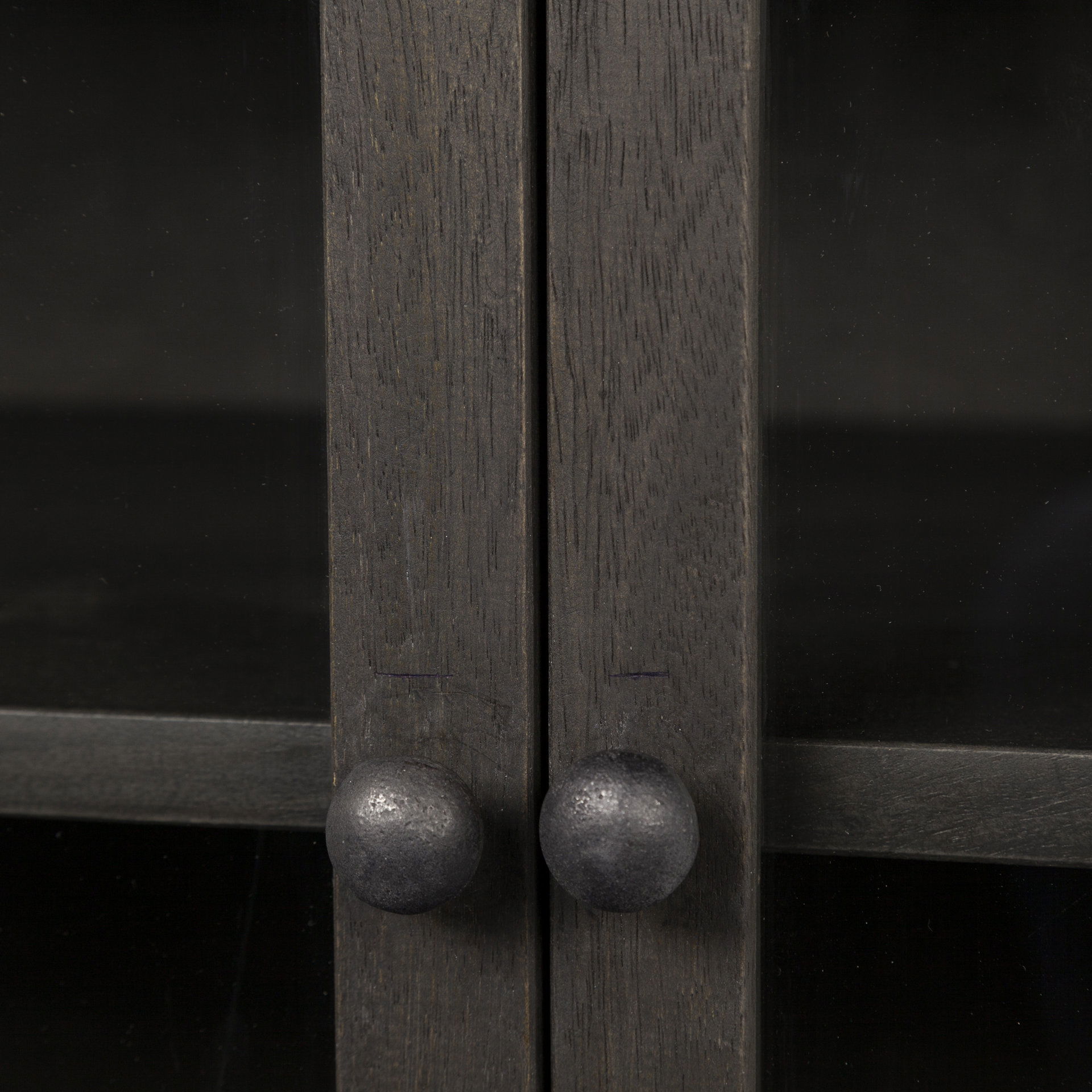 Arelius  36L x 18W Black-Brown Wood, Black Metal Base with 2 Glass Doors Accent Cabinet, Cabinets & Chest by Mercana, 36" length x 18" width x 32" height View 11