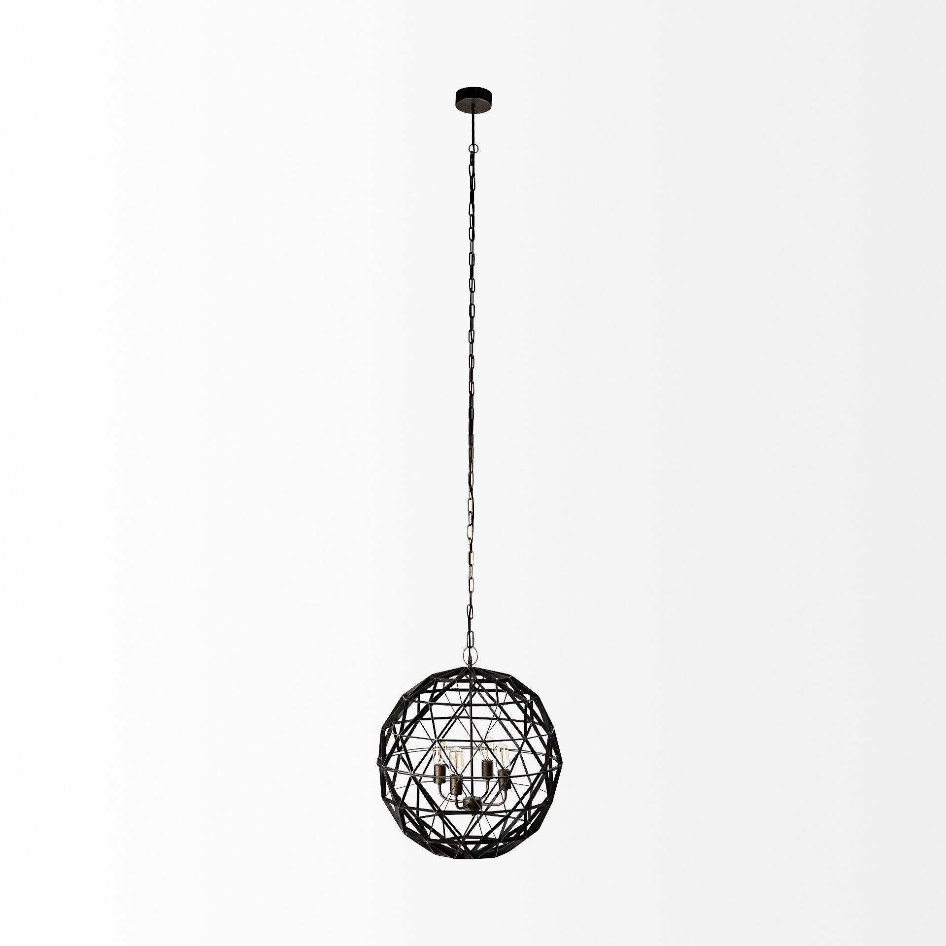 Dyson II (22.5'D) Black Metal Triangular Orb Four Bulb Chandelier, by Mercana, 22.5" length x 22.5" width x 22.5" height View 3