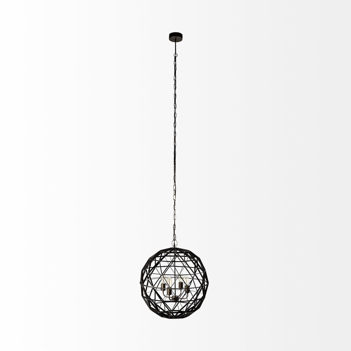 Dyson II (22.5'D) Black Metal Triangular Orb Four Bulb Chandelier, by Mercana, 22.5" length x 22.5" width x 22.5" height View 3