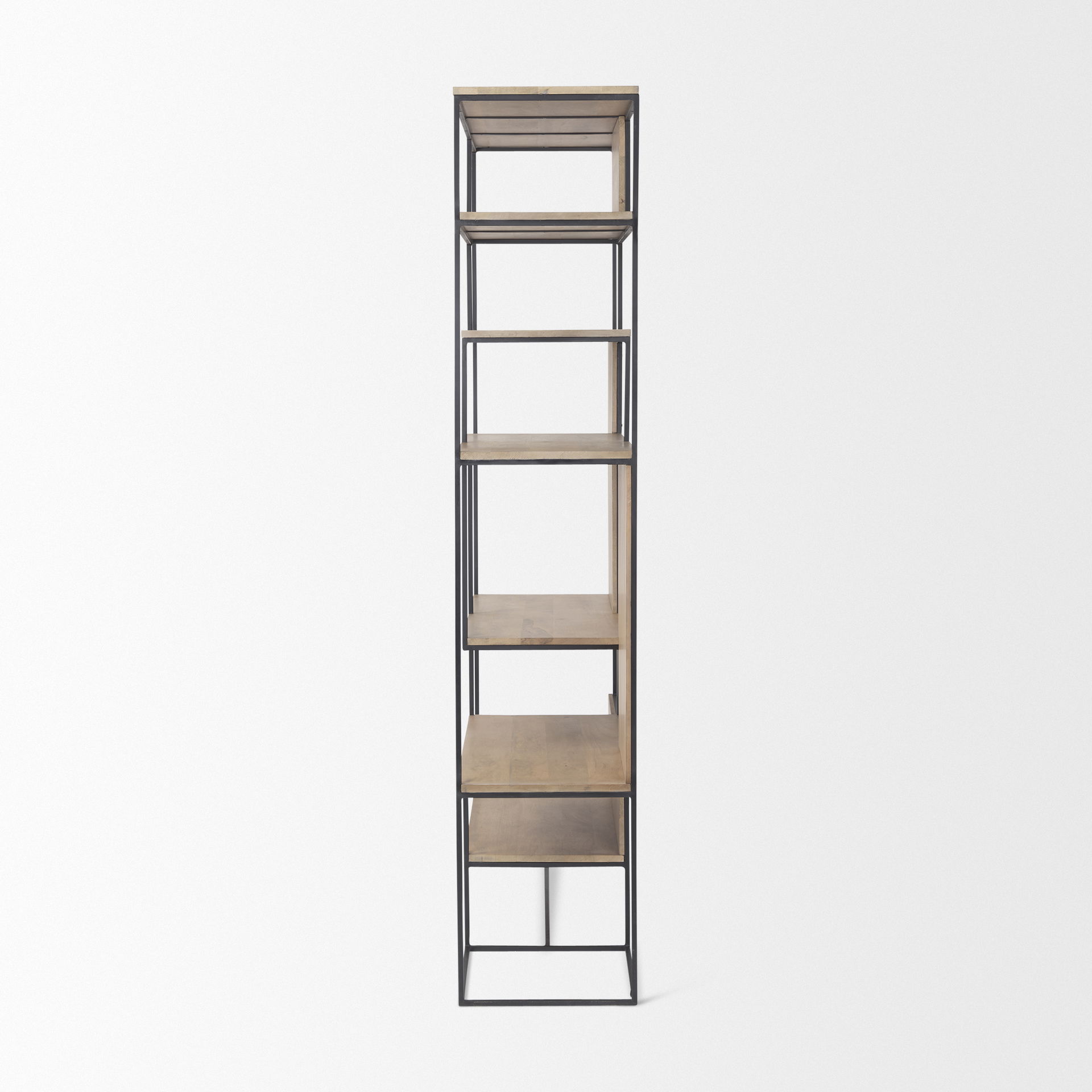 Morris 47.0L x 15.0W x 75.0H Light Brown Wood with Black Metal Frame 6-Tier Shelving Unit large image 