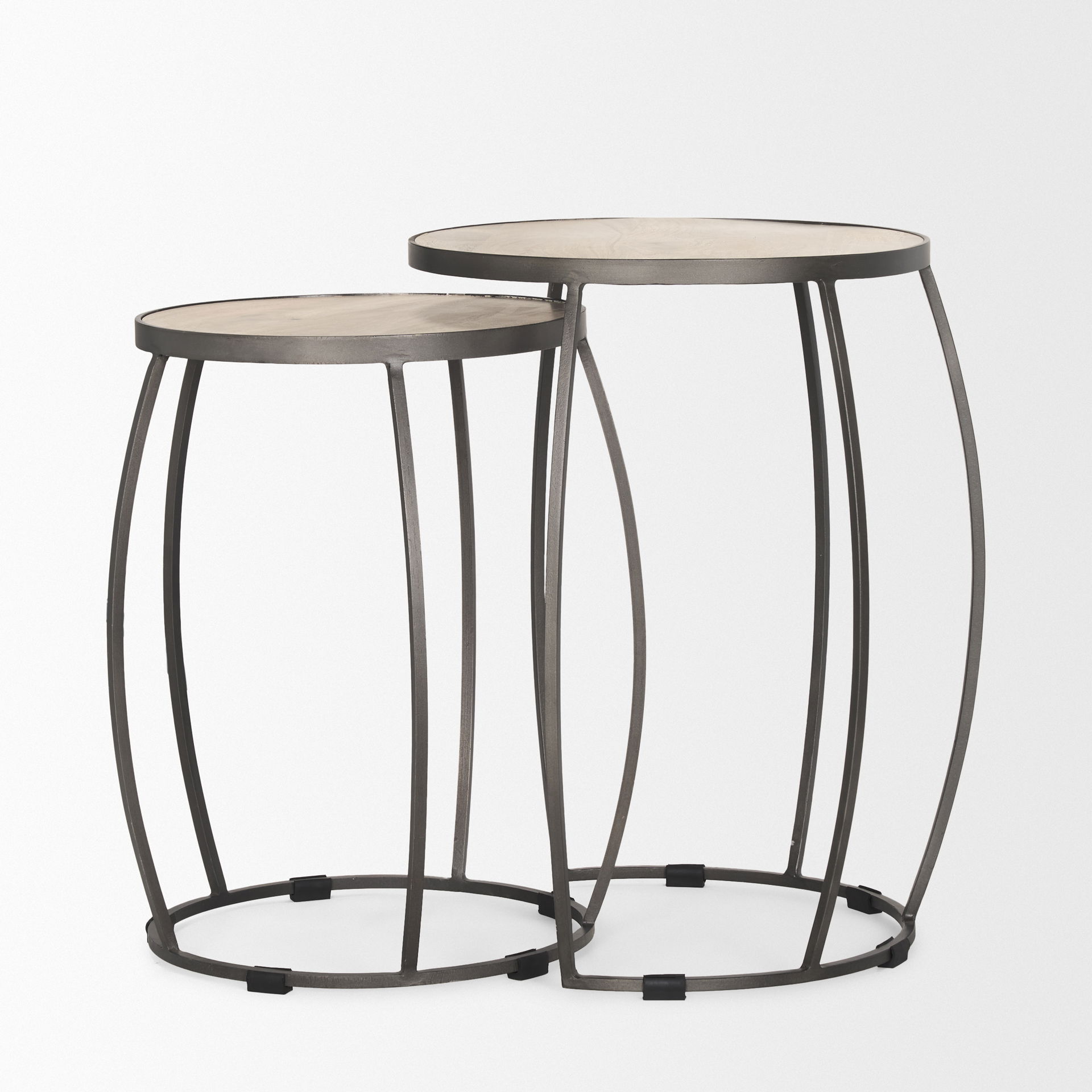 Clapp Round Light Brown with White Wash Wood and Silver Metal Nesting Accent Tables (Set of 2), Side & End Table by Mercana, 19" length x 19" width x 26" height View 5