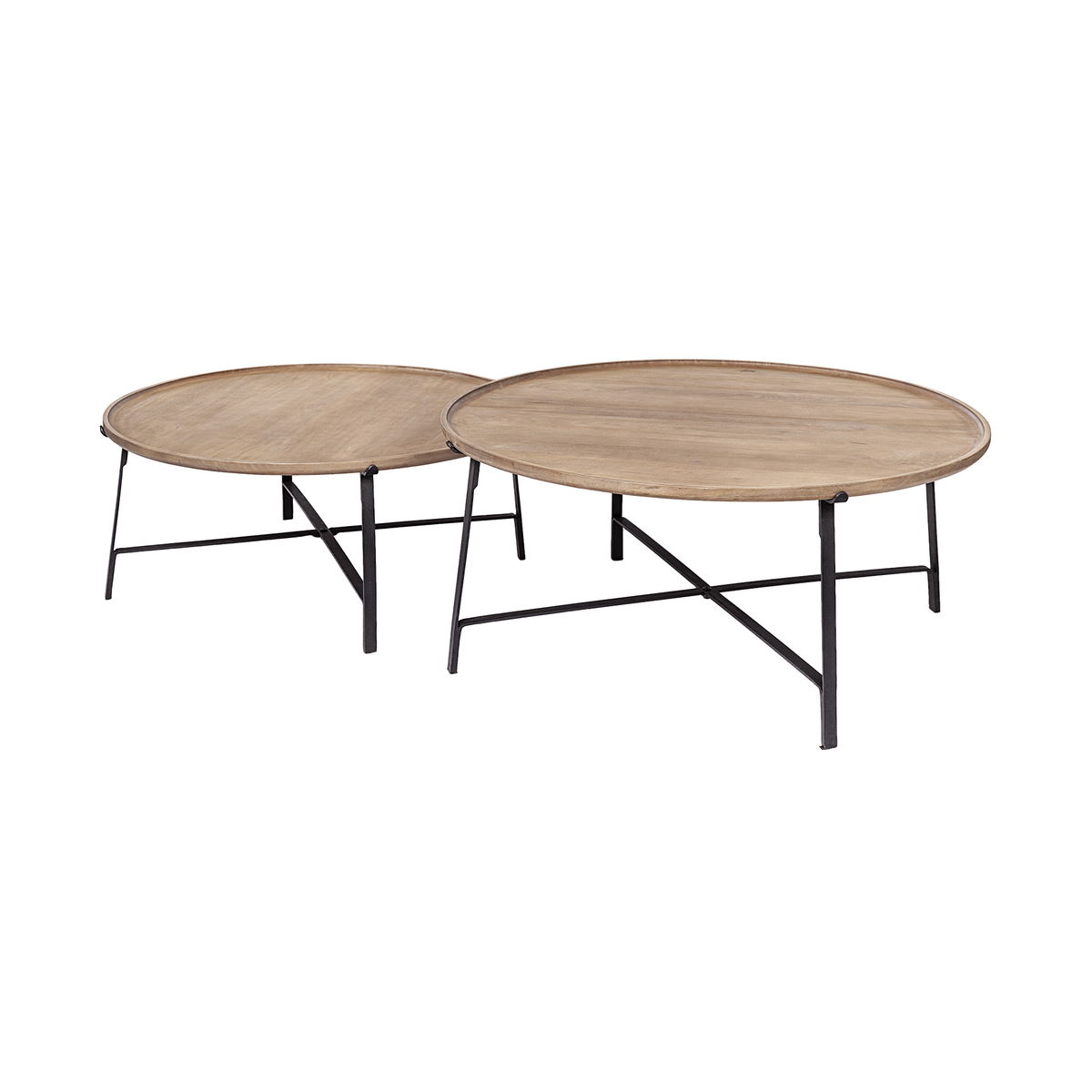 Helios (Set of 2) Brown Solid Wood Top Black Metal Base Nesting Coffee Tables, by Mercana, 41" length x 41" width x 18" height View 1