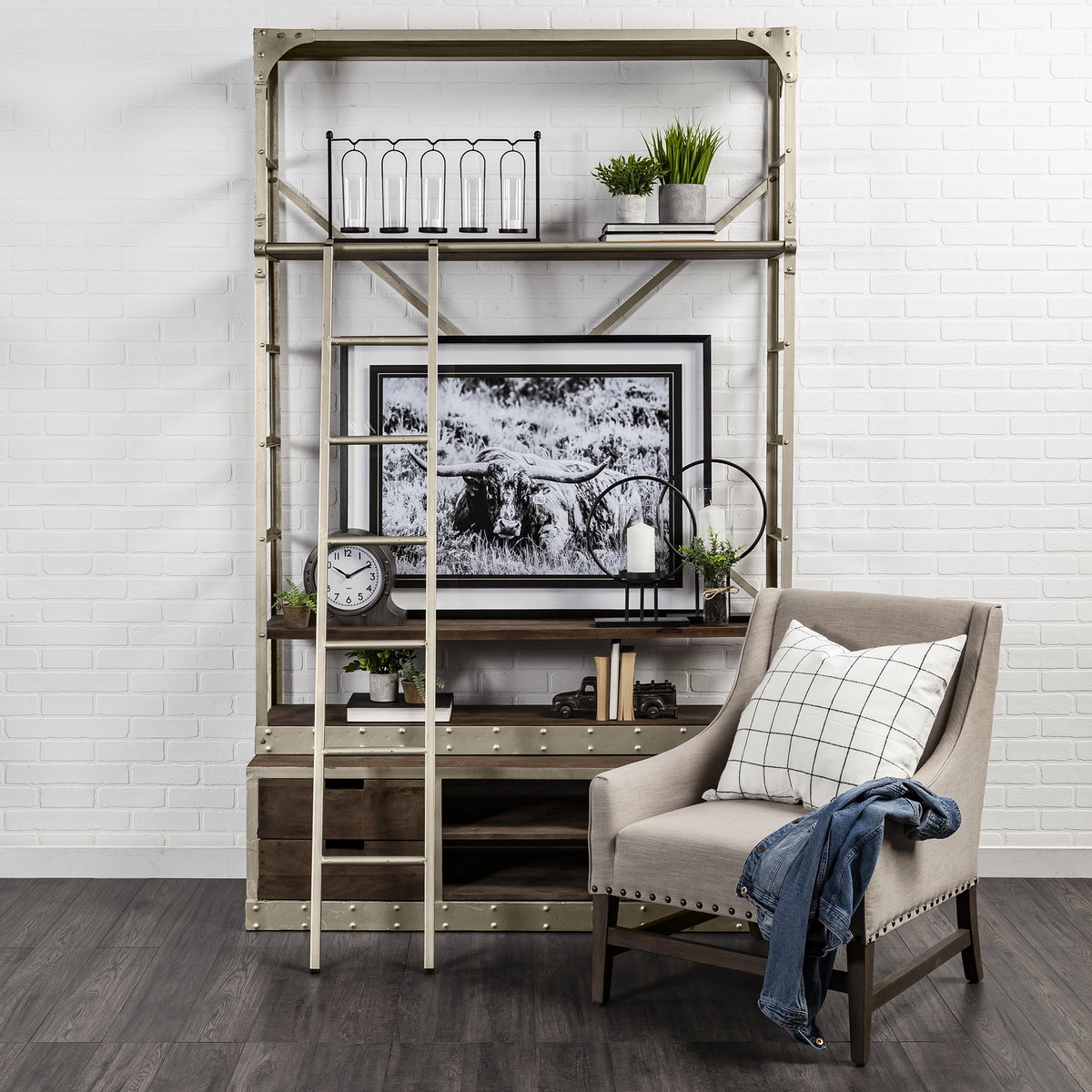 Brodie VI 57L x 20.5W x 94H Light Brown Wood Nickle Ladder Four Shelf Shelving Unit, Shelving & Bookcase by Mercana, 57" length x 20.5" width x 94" height View 2