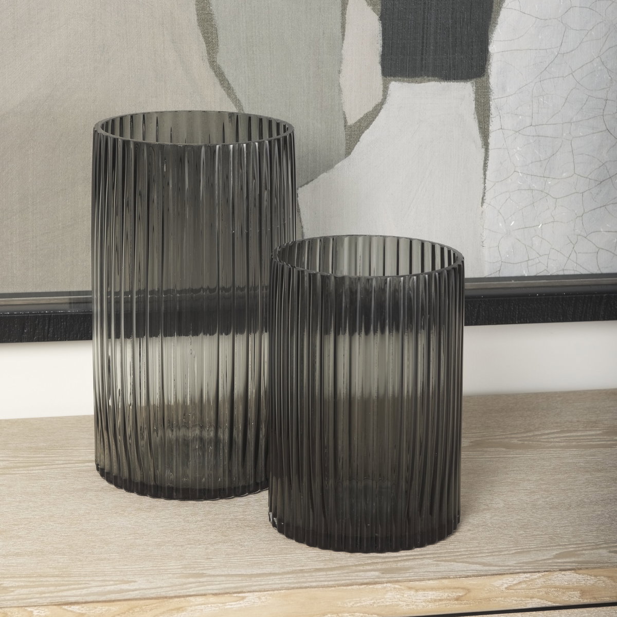 Dawn 8' Ribbed Smoke Gray Glass Vase, by Mercana, 5.59" length x 5.59" width x 8.27" height View 3