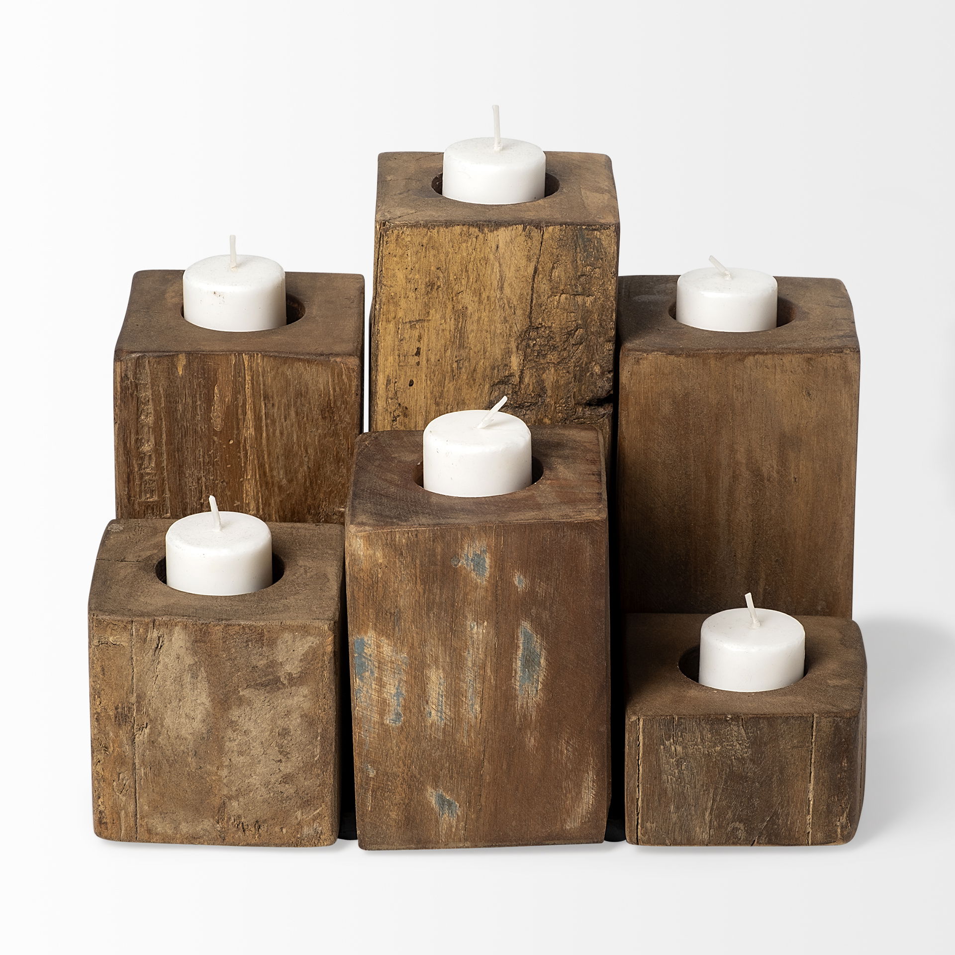 Cassius Light Brown Nine Wood Block Table Candle Holder, Candles & Candle Holder by Mercana, 11" length x 11" width x 8" height View 4