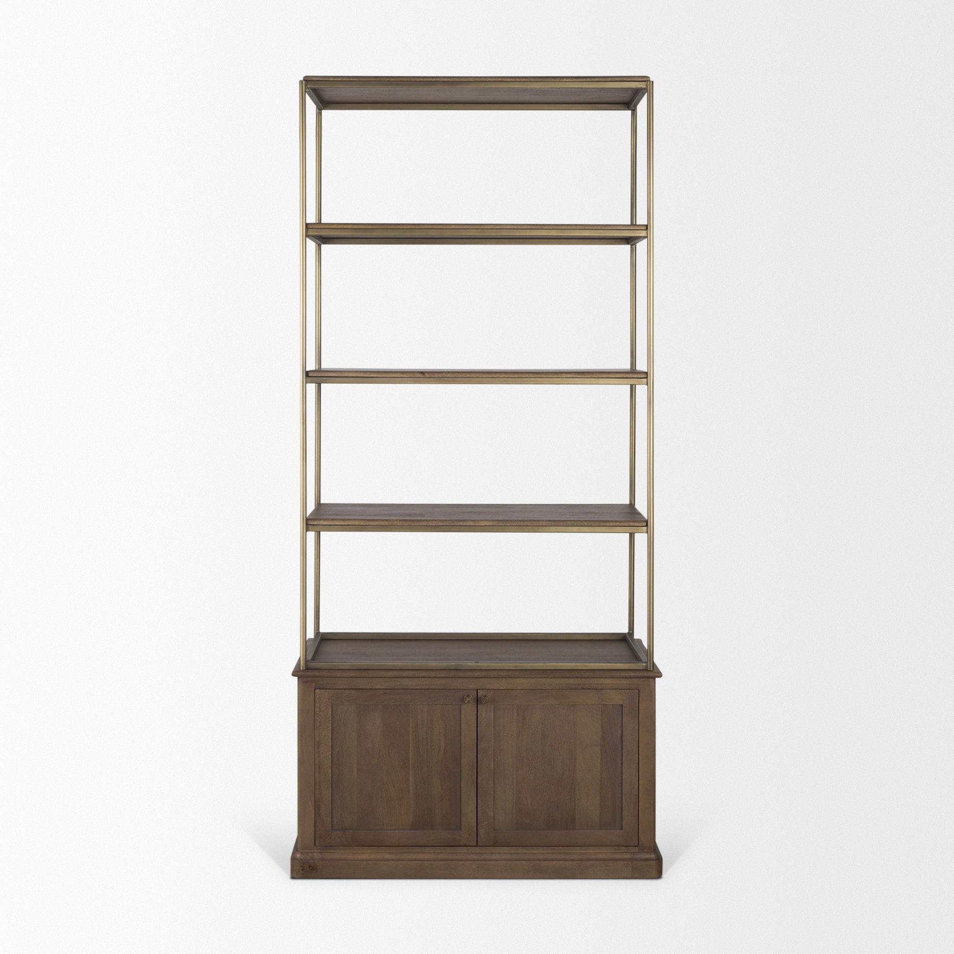 Braxton Dark Brown Wood with Antiqued Aged Brass Metal 3 Tiers 2 Door Shelving Unit large image 