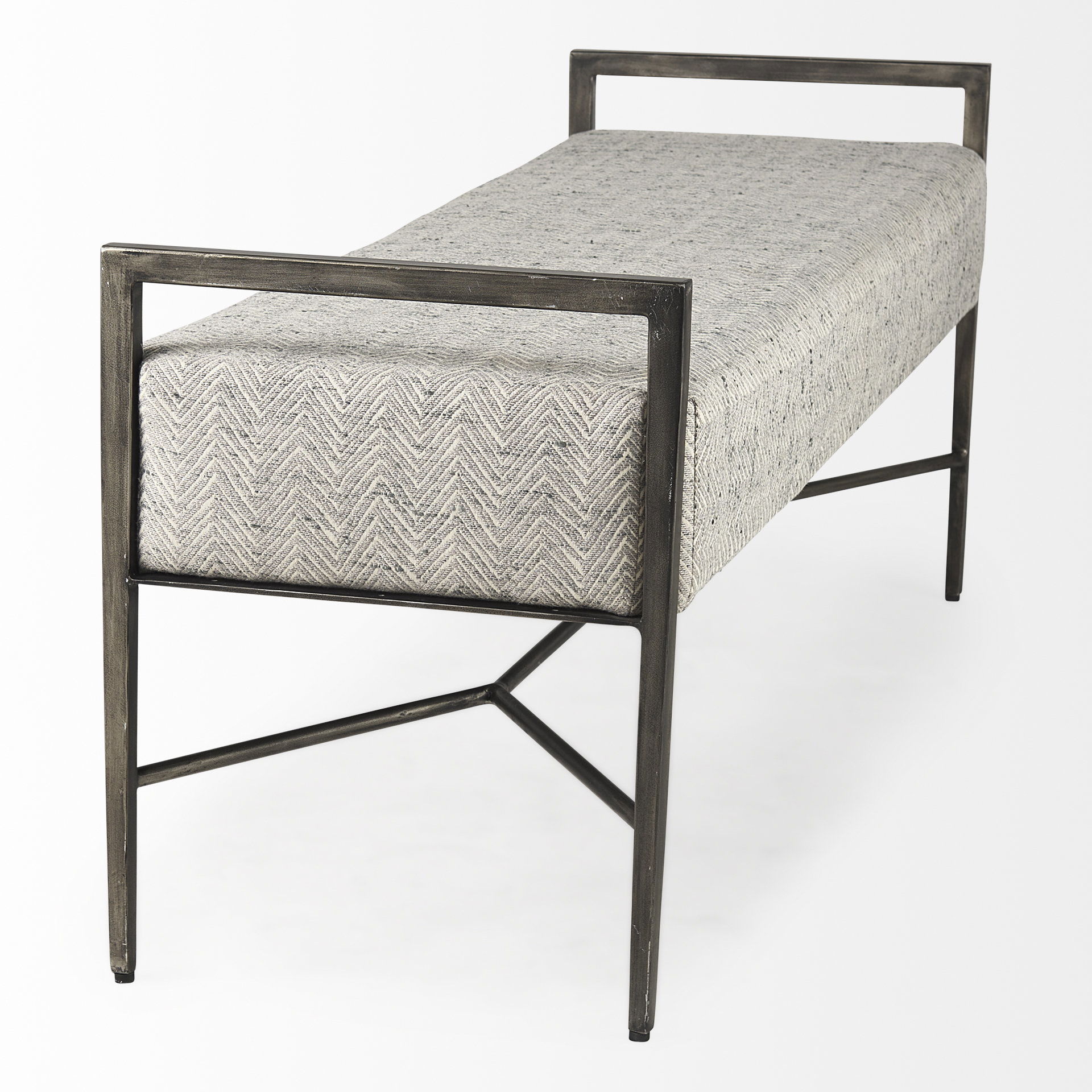 Charlotte  55.0L Gray Herringbone Fabric Seat with Antique Nickel Metal Frame Bench, Benche by Mercana, 55" length x 17" width x 23" height View 6