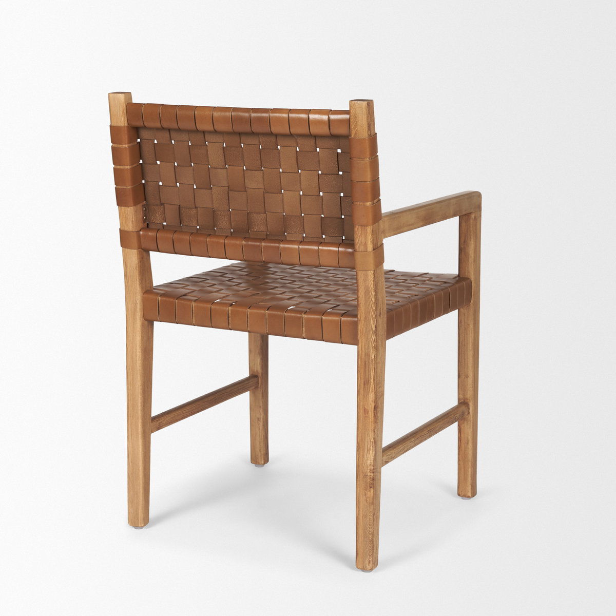 Shane Curved Back Dining Arm Chair | Woven Brown Leather with Brown Wood, Dining Chair by Mercana, 21" length x 21.5" width x 33.25" height View 8