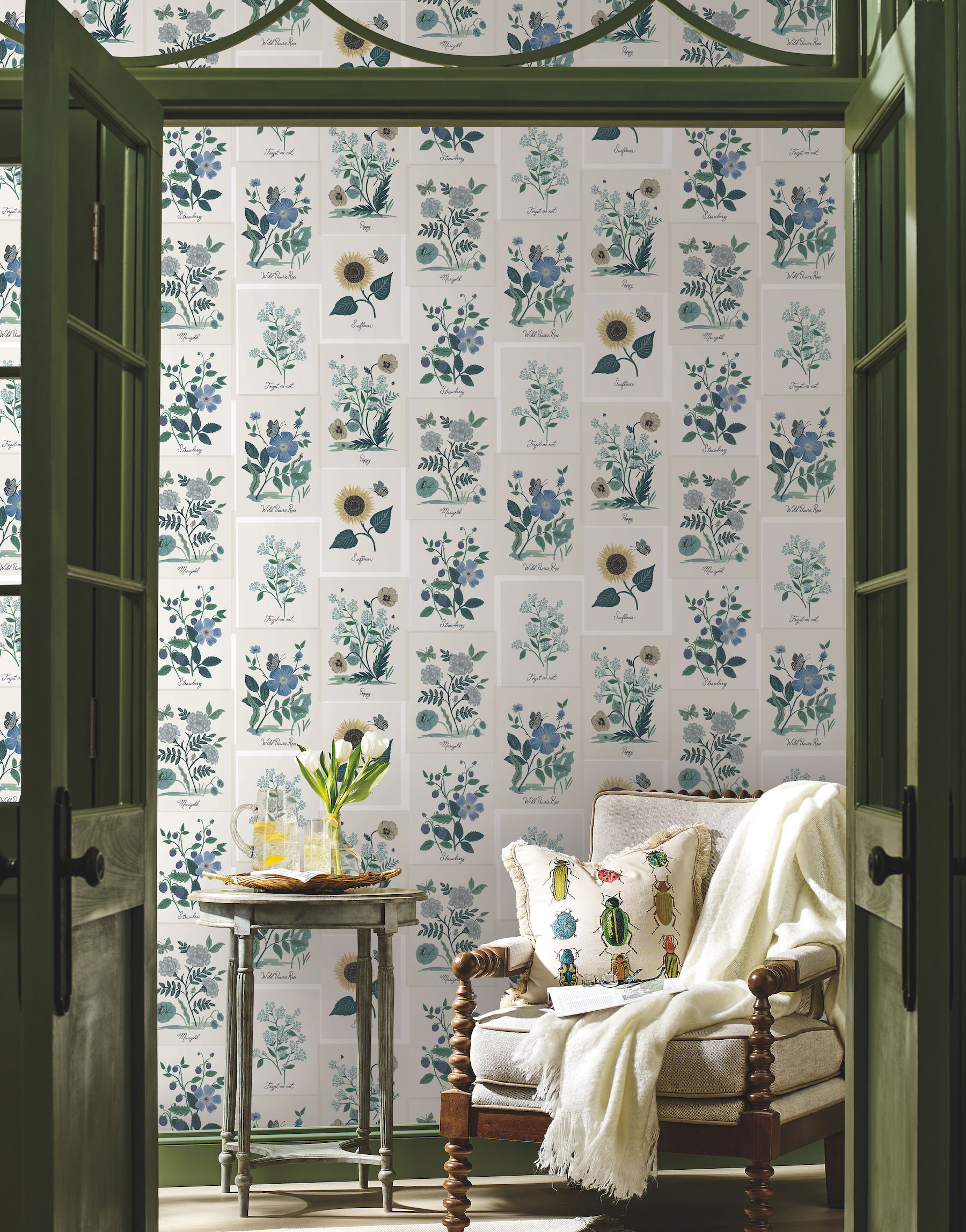 Botanical Prints White & Blue Wallpaper large image 