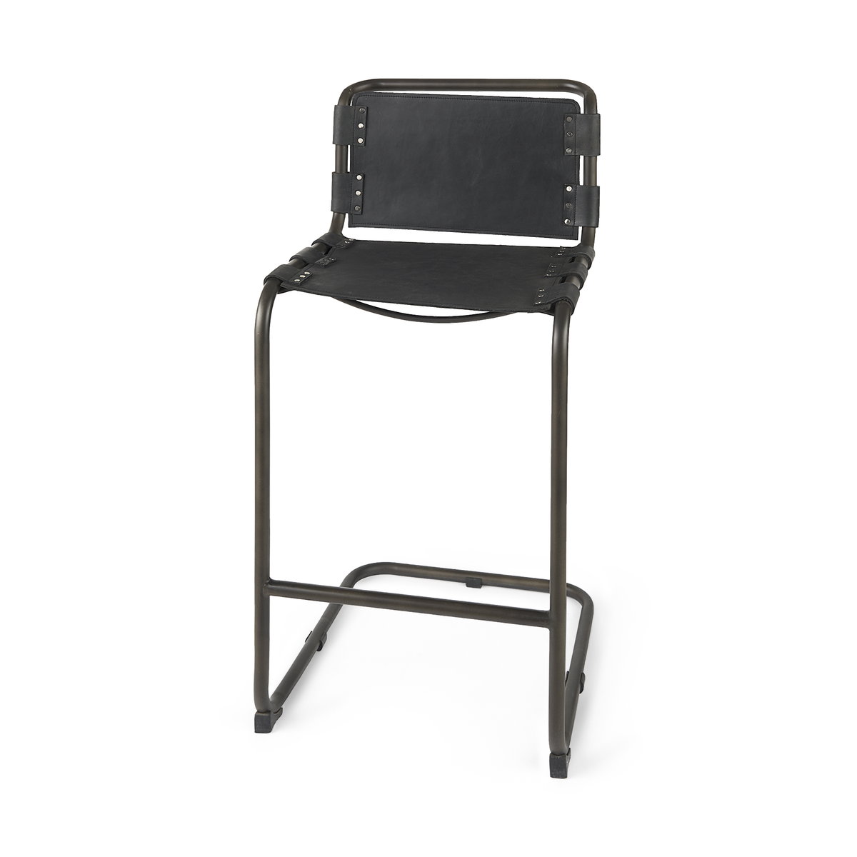 Berbick Low Back 26in Seat Counter Stool | Black Leather with Gray Metal, Counter & Bar Stool by Mercana, 20.5" length x 24.8" width x 43" height View 1