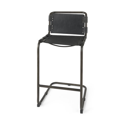 Berbick Low Back 26in Seat Counter Stool | Black Leather with Gray Metal