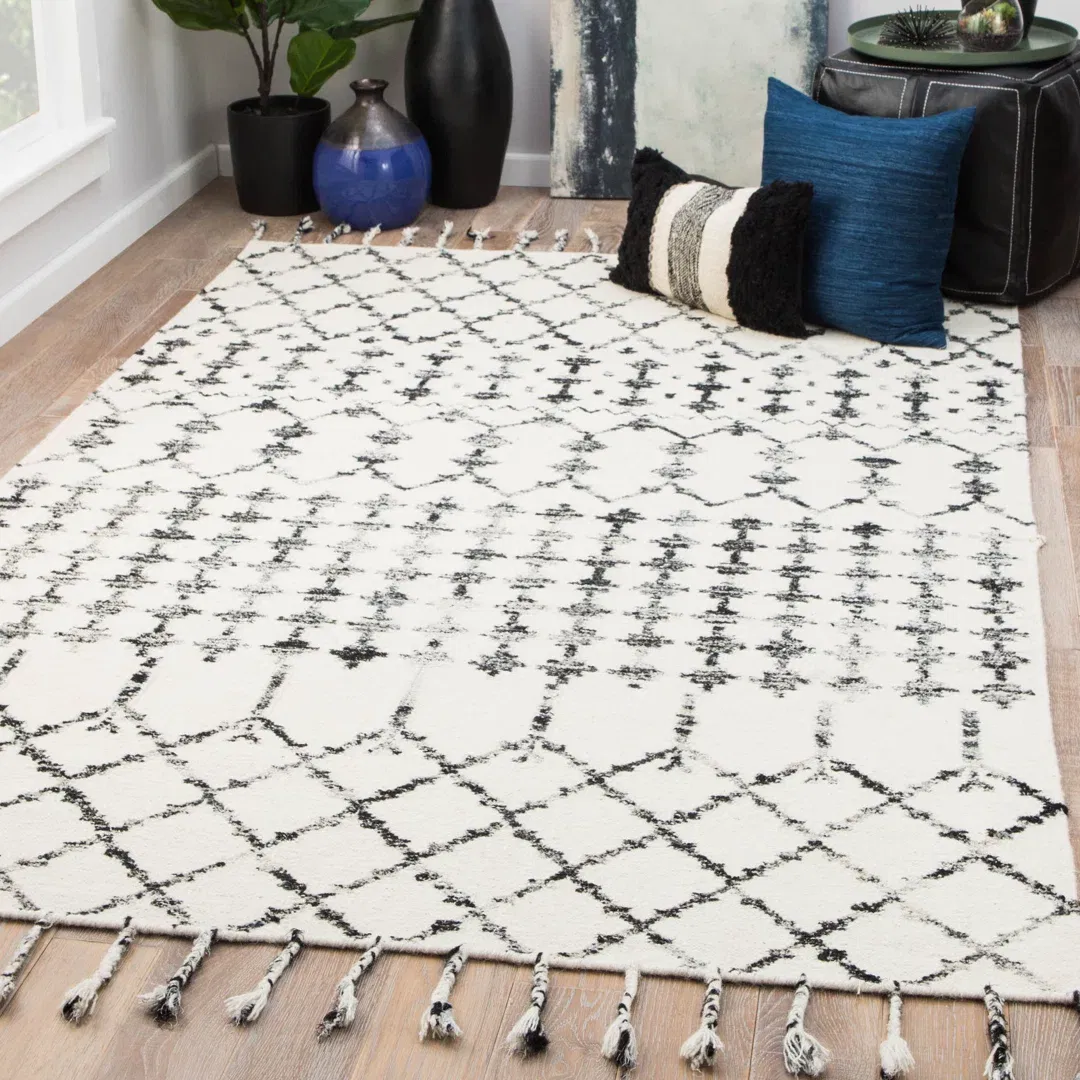 Geometric Wool/Silk Ivory/Black Area Rug large image 