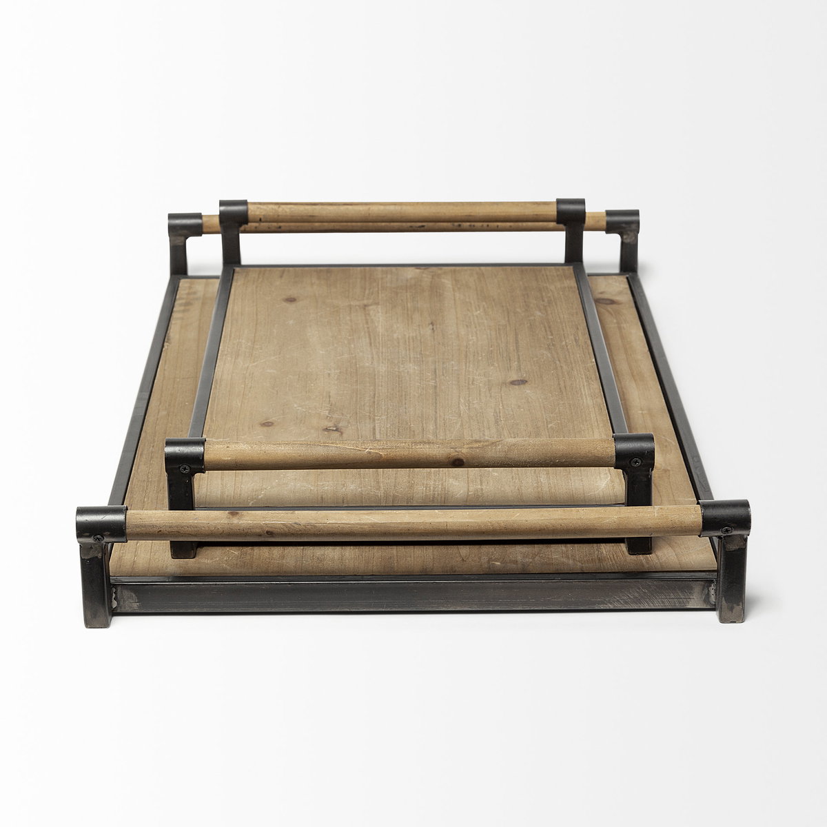 Benson Set of 2 Brown Wood Black Metal Trays, Decorative Tray by Mercana, 26" length x 15.75" width x 3.15" height View 4