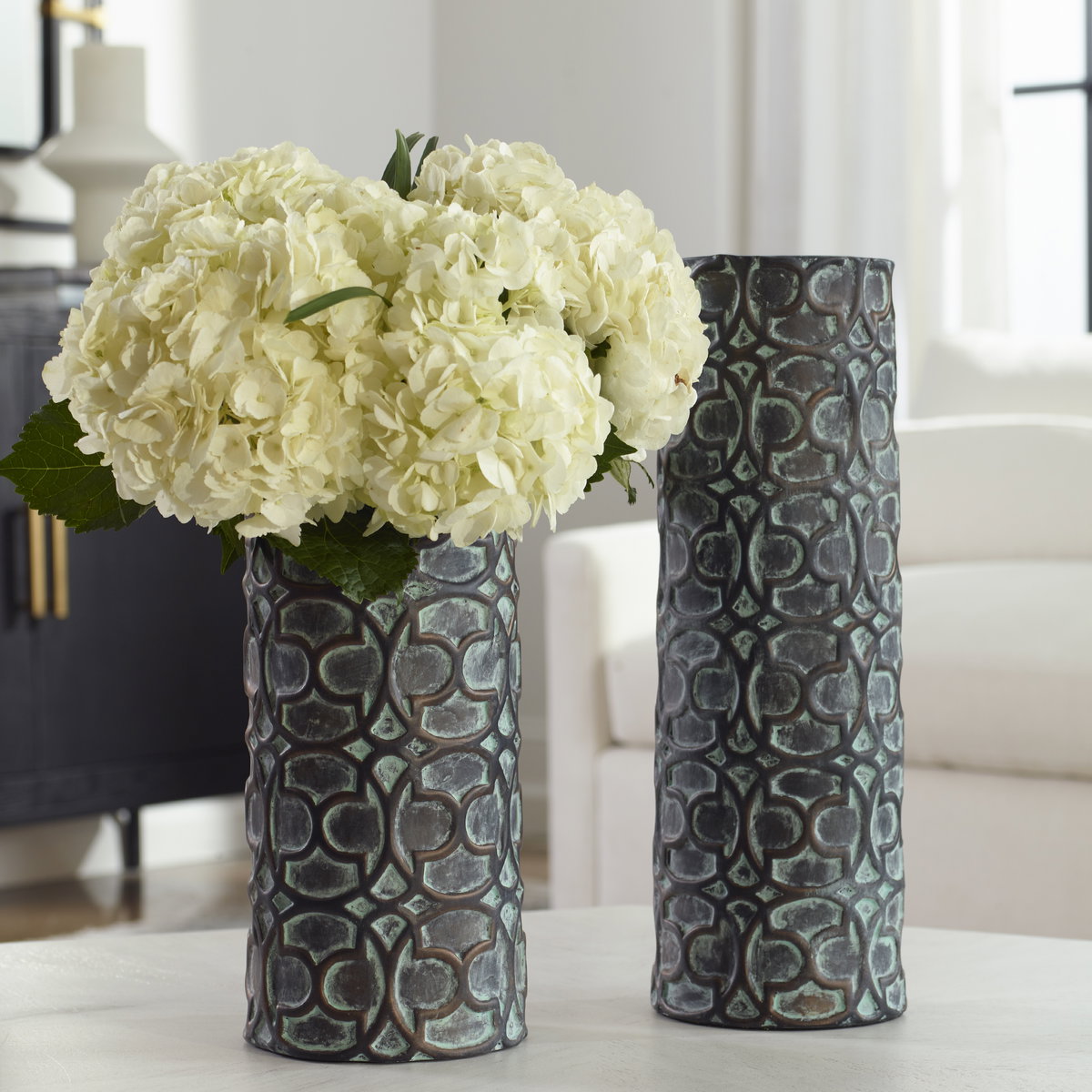 Baltra Bronze Patina Vases Set/2, by Uttermost, 6" width x 17.75" height x 6" depth View 2