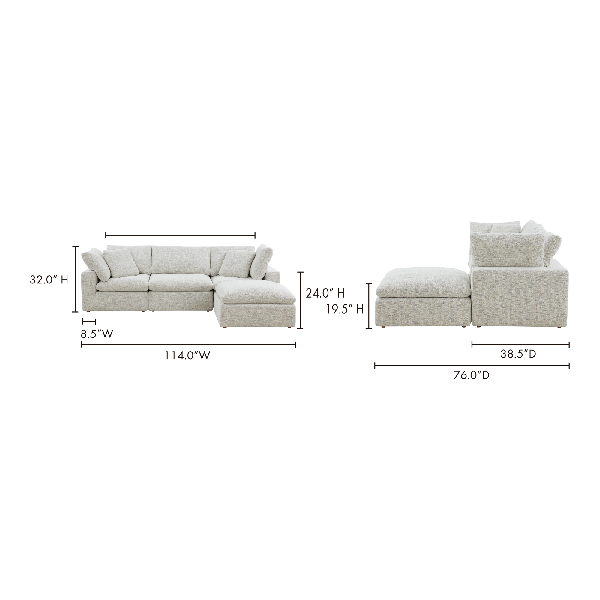 Terra Condo Lounge Modular Sectional Coastside Sand, Sectional Sofa by Moe's Home, 114" width x 32" height x 76" depth View 6