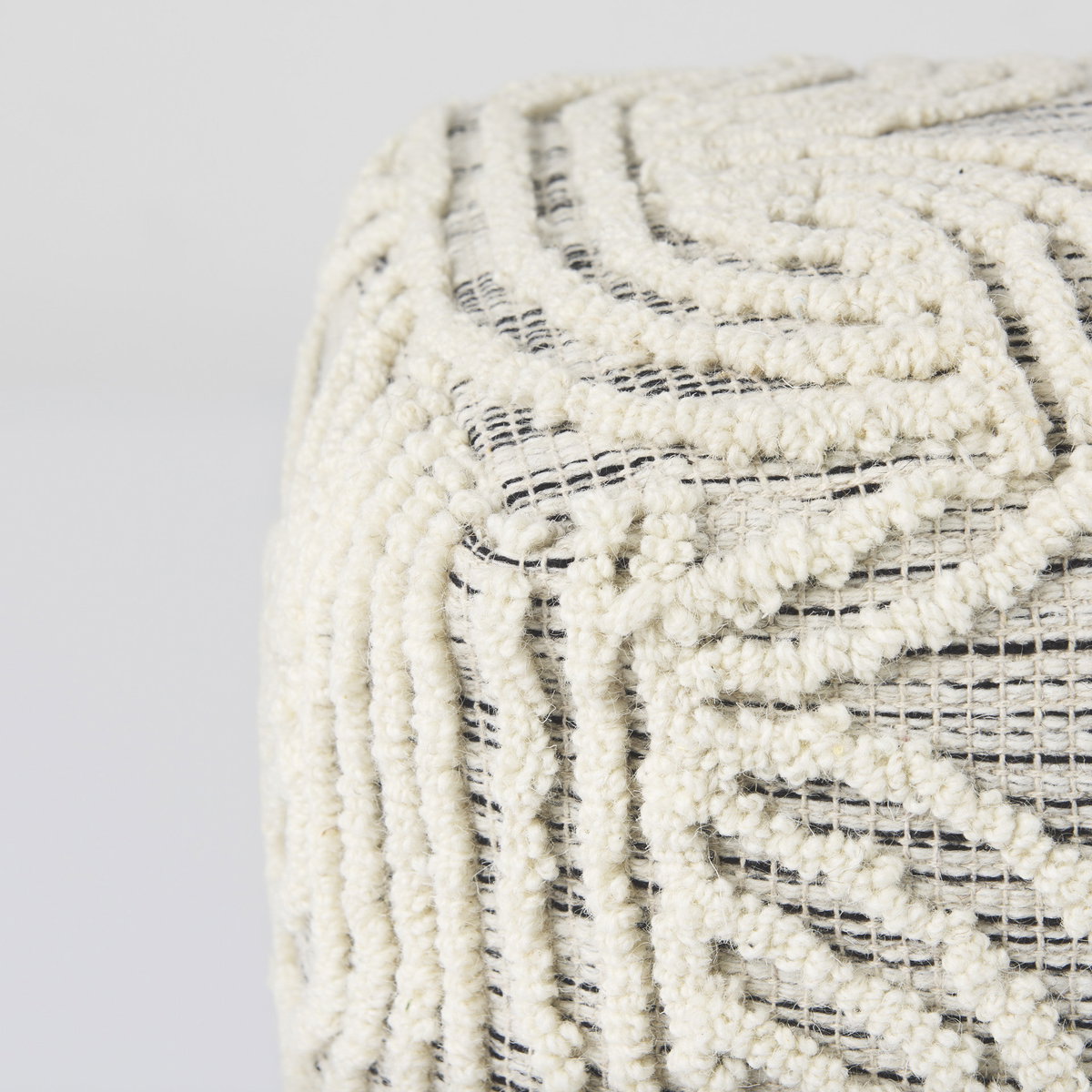 Amaya  Cream/Black/Gray Wool and Cotton Pouf, Ottoman by Mercana, 16" length x 16" width x 16" height View 6