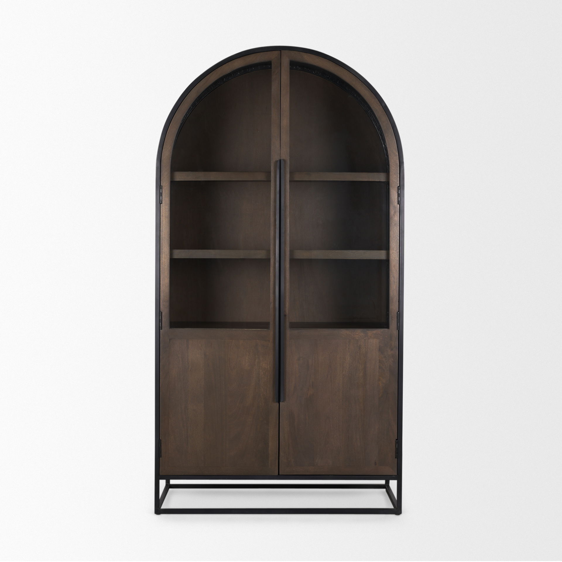Sloan 80.5H Dark Brown Wood with Black Metal Arched Curio Cabinet, Cabinets & Sideboard by Mercana, 42" length x 18.5" width x 80" height View 7