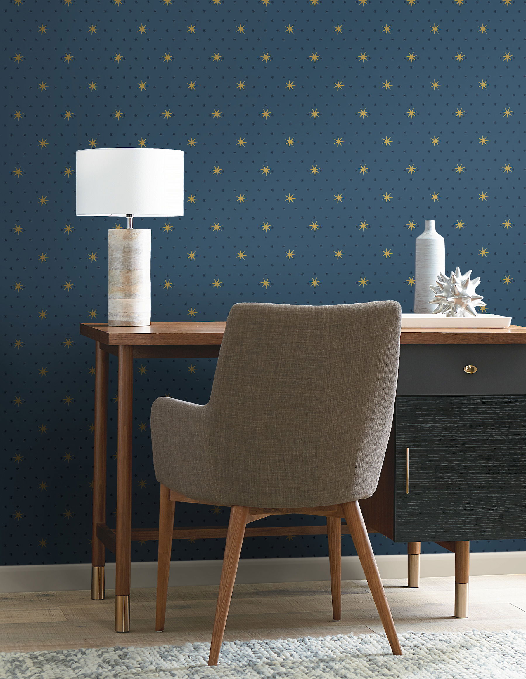 Stella Star Navy Metallic Wallpaper, by York Wall, 27' length x 2'3" width x 0.02" depth View 2