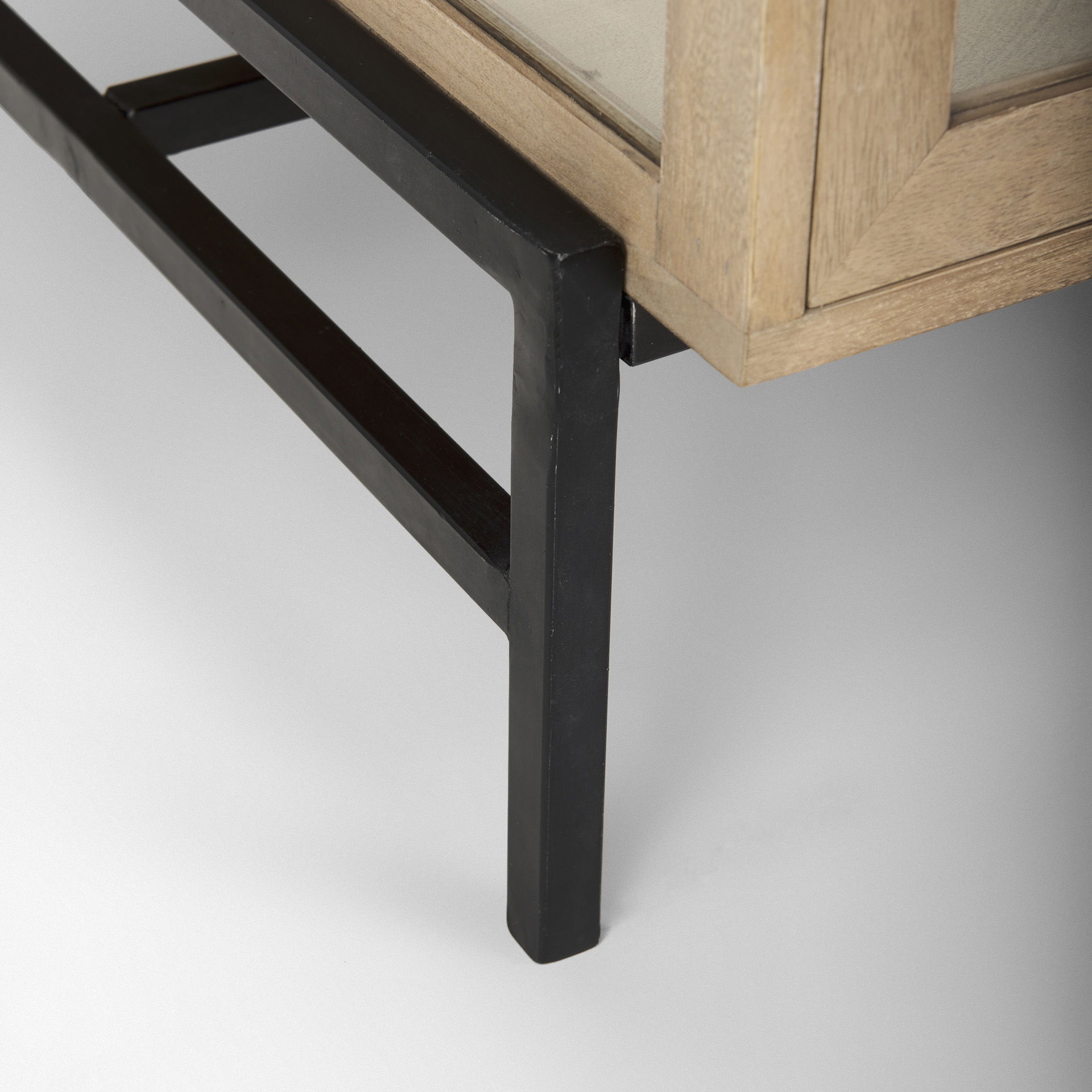 Arelius 42'L Rectangular Light Brown Wood with Black Metal Base Display Coffee Table, by Mercana, 49.5" length x 29.5" width x 15" height View 10